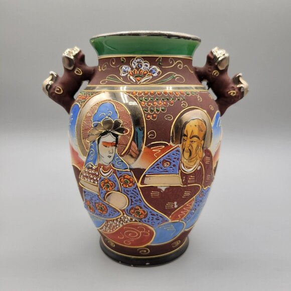 Japanese Mid Century Satsuma Ware Vase Foo Dogs Moriage Relief Hand Painted Gold - Picture 1 of 11